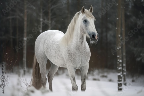 Arabian stallion in white with snow. Generative AI
