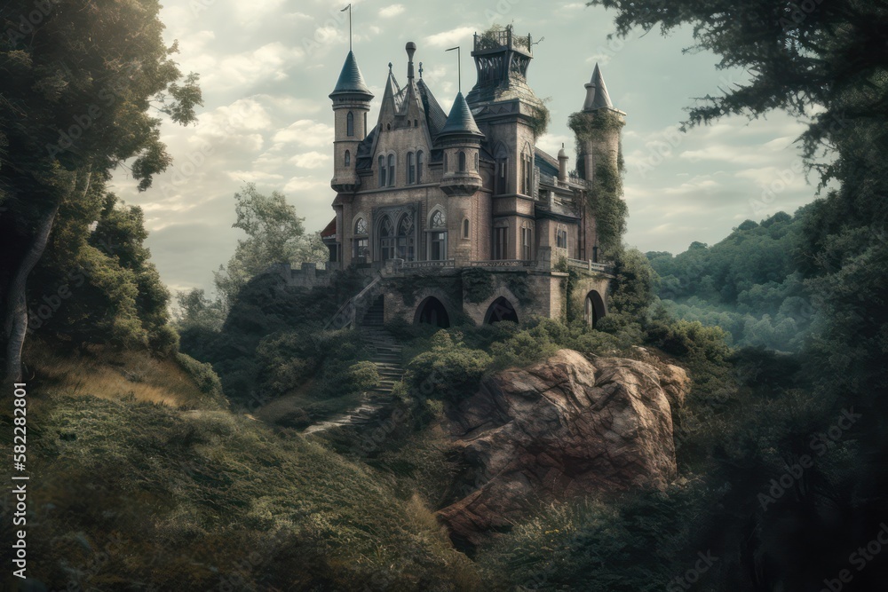 Old castle on rock. Generative AI Old castle on rock. Generative AI