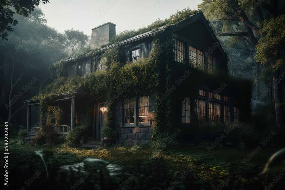 A house in the woods with ivy grown on the house. Generative AI