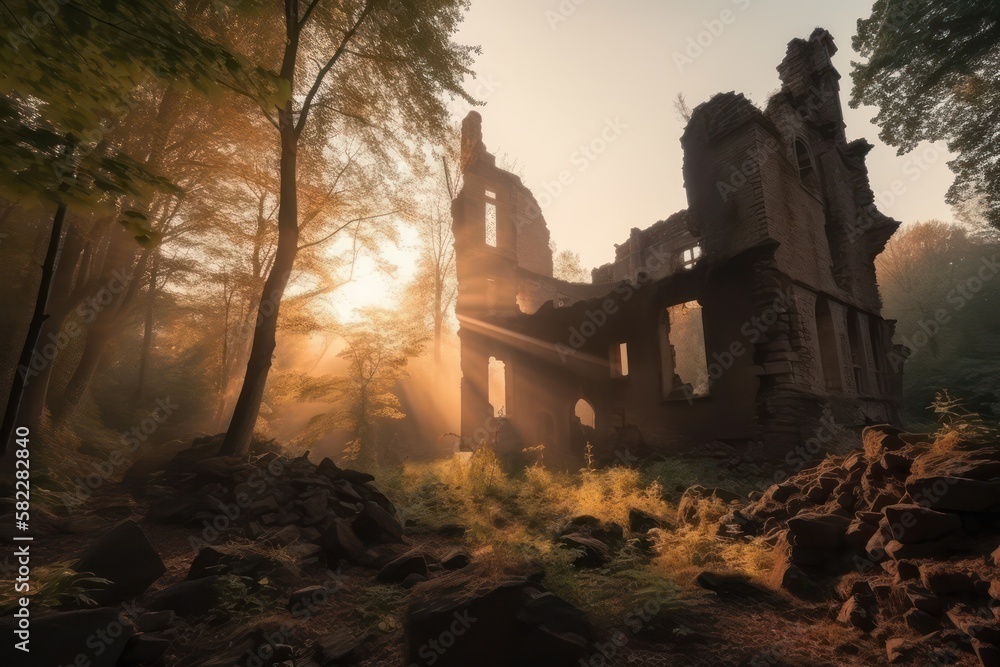 Castle ruins in forest. Generative AI