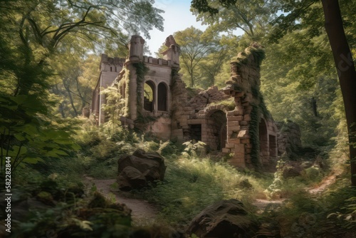Castle ruins in forest. Generative AI