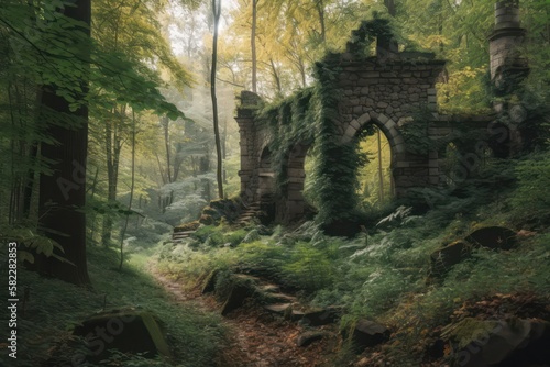 Castle ruins in forest. Generative AI