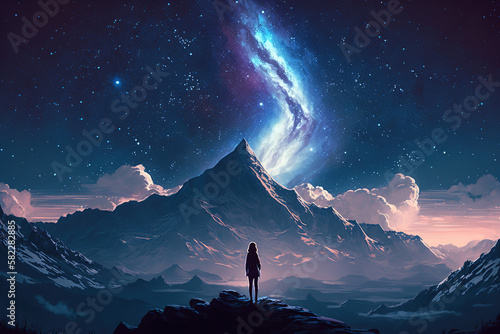 a person standing on top of a mountain with the milky in the background, galaxy, sillhouete art illustration 