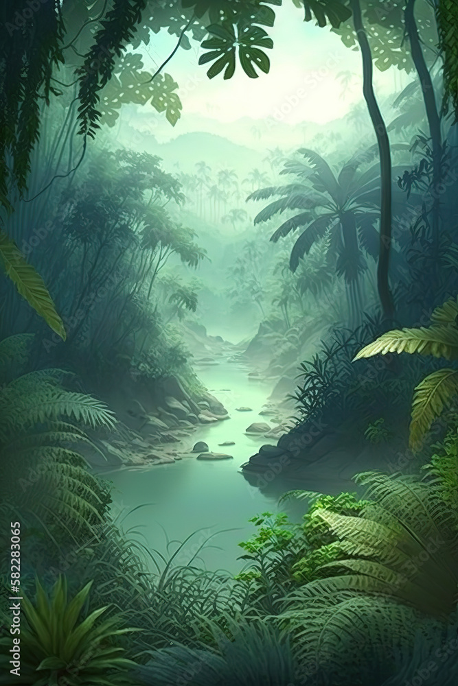 tropical landscape, jungle landscape, art illustration 