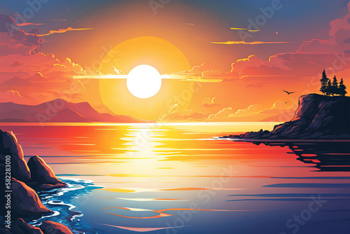 Sunset over a lake, art illustration  © vvalentine
