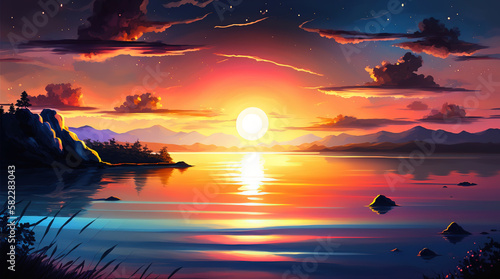 Sunset over a lake, art illustration  © vvalentine