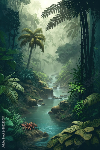 Fototapeta Naklejka Na Ścianę i Meble -  tropical landscape, jungle landscape, art illustration 