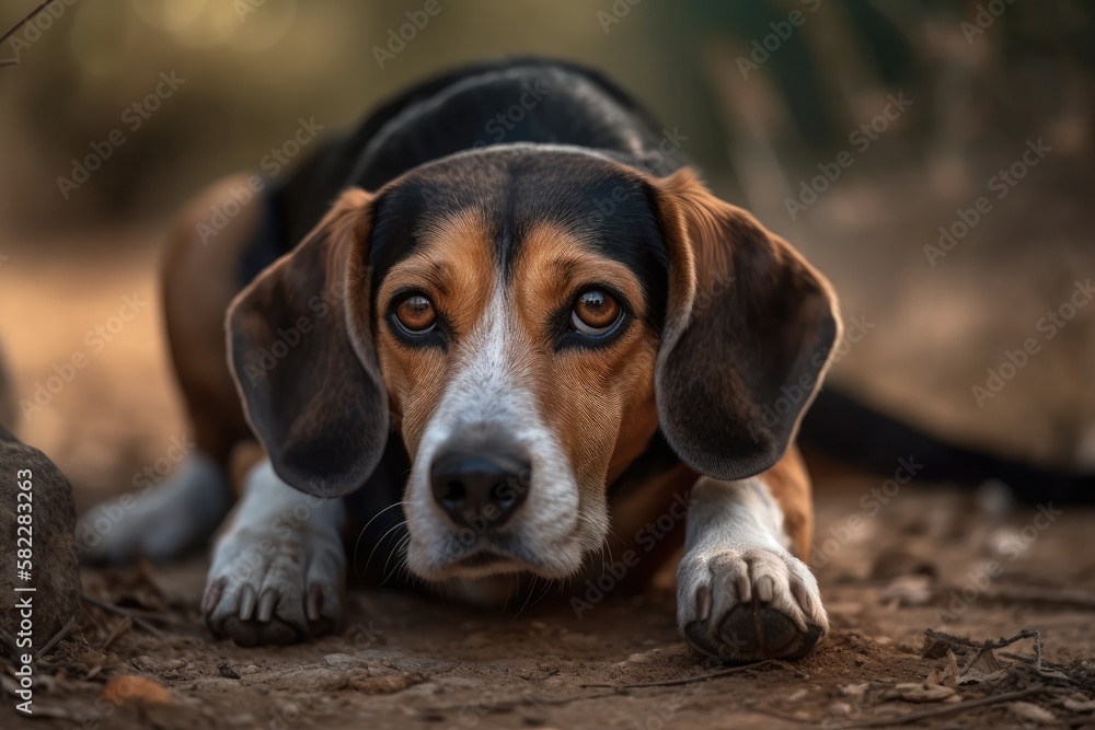 Cute black dog lying on the ground. Generative AI