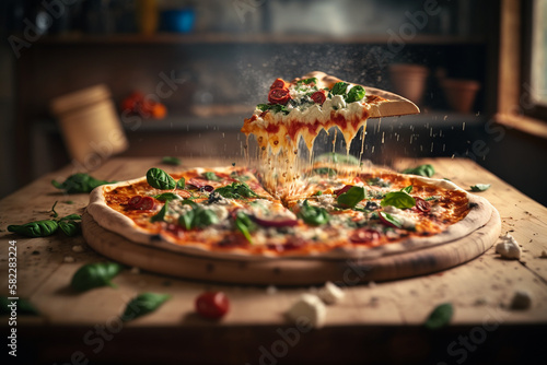 Mouth-watering pizza, with all the delicious toppings and flavors that make it an irresistible treat. Ai generated.