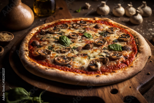 Mouth-watering pizza, with all the delicious toppings and flavors that make it an irresistible treat. Ai generated.