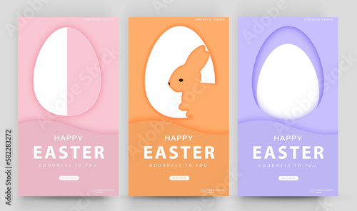 Happy Easter banner. Paper cut style with rabbit and easter eggs. Editable post template set for banner sale, presentation, invitation, stories, streaming.