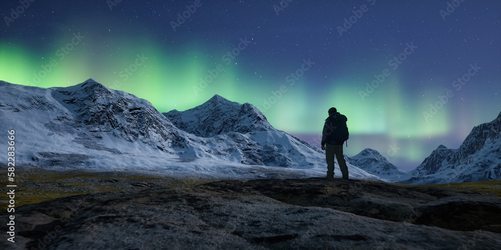 Adventure Man on top of Rocky Mountain Landscape. Nature Background. Cloudy Sky at Night with stars and northern lights. 3d Rendering. Adventure Man on top of Rocky Mountain Landscape. Nature Background. Cloudy Sky at Night with stars and northern lights. 3d Rendering.