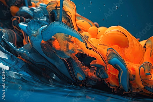 Spectacular image of blue and orange liquid ink churning together  with a realistic texture and great quality - Generative AI