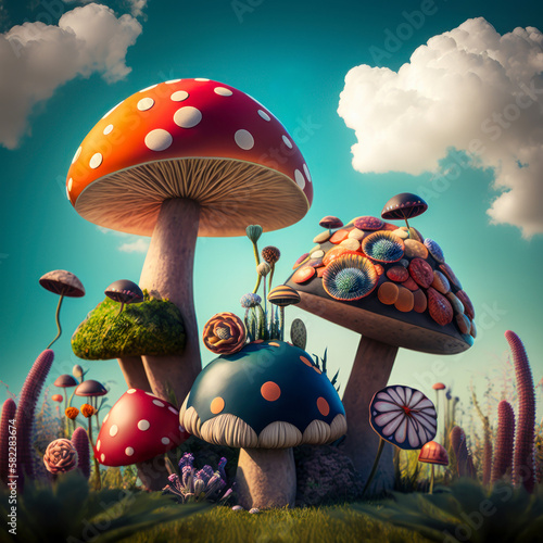 A magical of a fairy garden with colorful mushrooms in the foreground with a blue sky. Generative AI