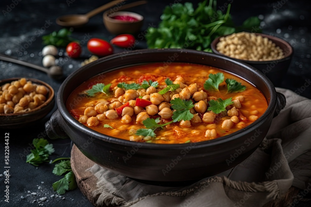 Moroccan Harira Soup in a black bowl on a tabletop made of grey concrete. Moroccan cuisine dish called harira contains lamb or beef, chickpeas, lentils, tomatoes, and cilantro. Iftar meals for Ramadan