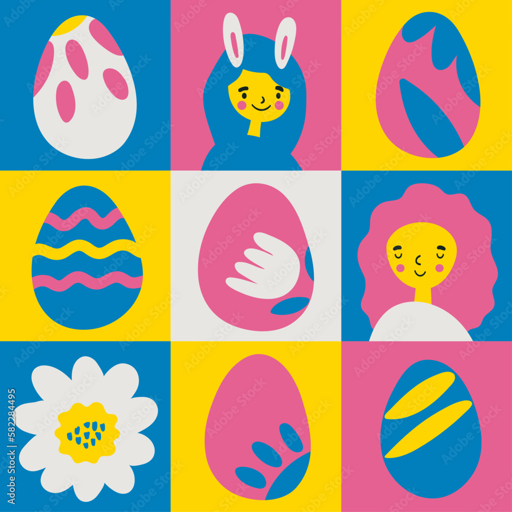 Happy Easter  eggs set. Graphic modern vector illustration.  Abstract hand drawn  minimalist  design with hand-painted element, egg and person face.