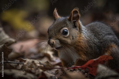 a squirrel in a park near Niagara on the Lake, Canada, chewing on leaves. Generative AI