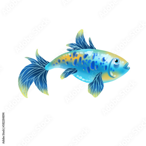Cute underwater single  fish colorful design. Vector cartoon aquarium character, funny marine creature isolated on white background for print, children development. Handdrawn element for game design.