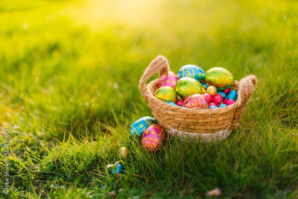 Fototapeta premium Easter eggs in basket in grass. Colorful decorated easter eggs in wicker basket. Traditional egg hunt for spring holidays. Morning magical light. 
