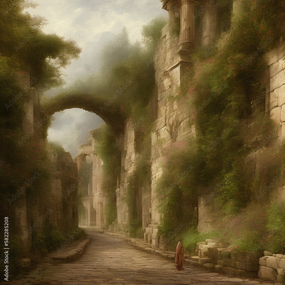 Ancient roman road in medieval painting style - generative ai