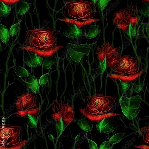 Seamless pattern with neon colored roses. Made with Generative AI.