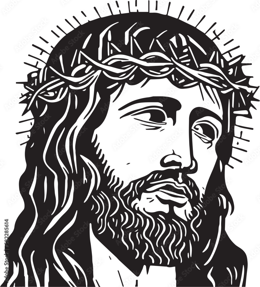 Jesus in a wreath Vector illustration, Head of Jesus Christ wearing a ...