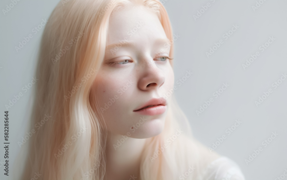 Albino Girl with pale white skin, natural lips and white hair. Photo face on a light background. Studio portrait. Illustrative generative Ai. not a real person. Albino Girl with pale white skin, natural lips and white hair. Photo face on a light background. Studio portrait. Illustrative generative Ai. not a real person.