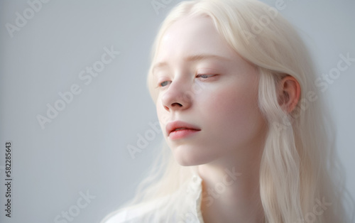 Albino Girl with pale white skin, natural lips and white hair. Photo face on a light background. Studio portrait. Illustrative generative Ai. not a real person. 