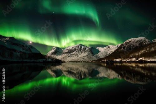 Full moon and the aurora borealis in the sky above the Tromso fjords in Norway This image's components were provided by NASA. Generative AI