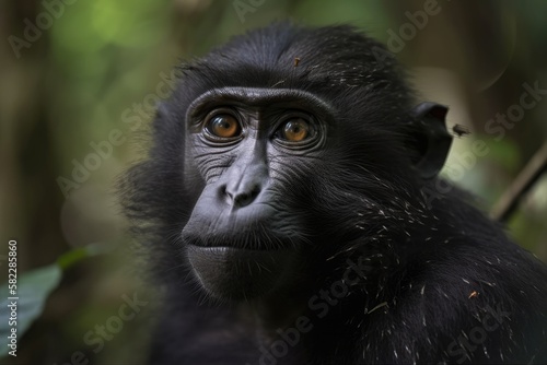 The black ape, sometimes referred to as the Celebes crested macaque (Macaca nigra), Sulawesi crested macaque, or the crested black macaque. Generative AI © AkuAku