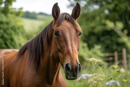 Gorgeous portrait of a thoroughbred Bay horse with an inquisitive expression  taken in the Cotswolds in Gloucestershire  the United Kingdom. Generative AI