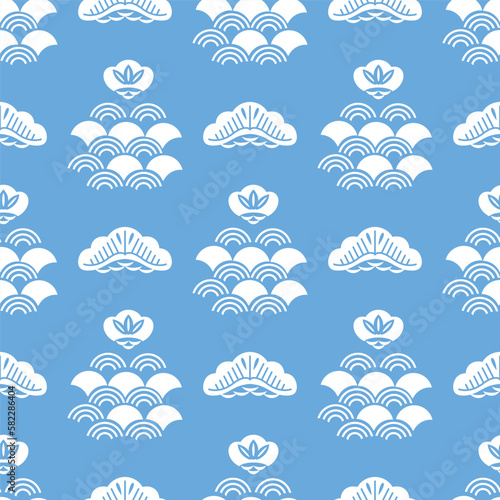 Traditional Japanese Seamless Pattern Background Fabric Patchwork with Waves, Sakura flowers, Chrysanthemum, Japan Style Icon Set Vector art vintage illustration for covers, clothing, kimono, texitle