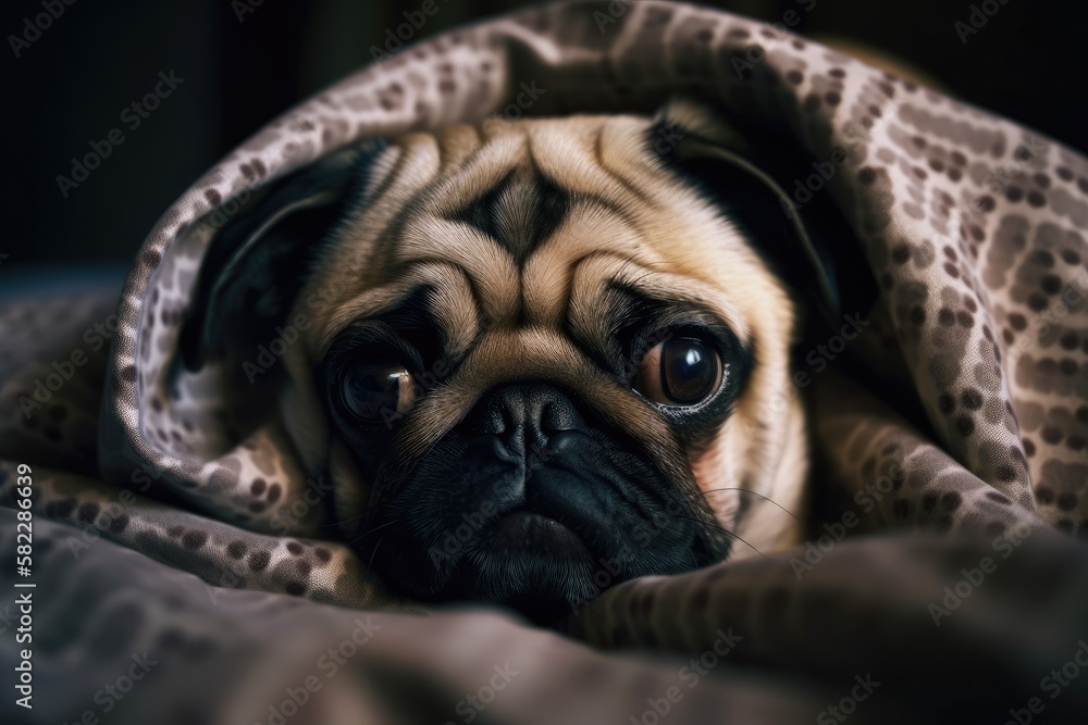 Sad Pug puppy is curled up on the bed at home under a cozy blanket. blank area for text. Generative AI