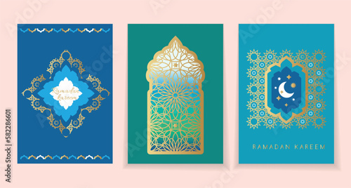 Happy Ramadan Kareem set cards Islamic template design with Crescent, mosque, minaret, Ramadan traditions Islamic Holy Month Vector vintage art  illustration