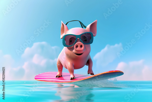 Pig surfing in sunglasses. AI generated illustration. © Czintos Ödön