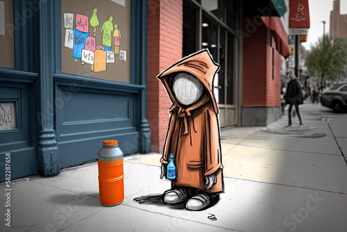 homeless chappy paint can character standing on sidewalk in front of store, created with generative ai