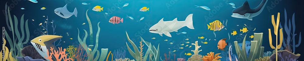 Fototapeta premium Wide underwater design, with fishes, seaweed, sharks, stones, bubbles, and another elements from the submarine world, which can be usable on banners, footers, headers,etc, generative ai