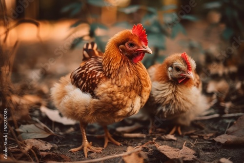 Outside in the yard is a chicken and a chick. Generative AI