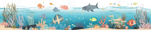 Wide underwater design, with fishes, seaweed, sharks, stones, bubbles, and another elements from the submarine world, which can be usable on banners, footers, headers,etc, generative ai