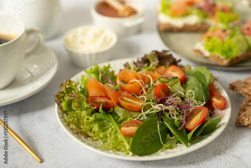 healthy food, salad with salmon