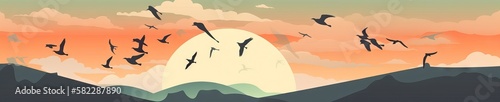 Wide Sky Horizon Ilustration Design, with flying birds, for banners, footers, or another purposes, beautiful colors between sky, clouds, birds, and the sun, generative ai
