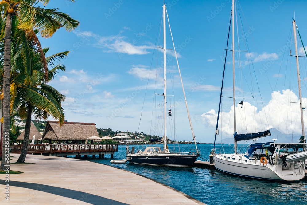 Boats and yachts in a tropical city park with palm trees in French Polynesia