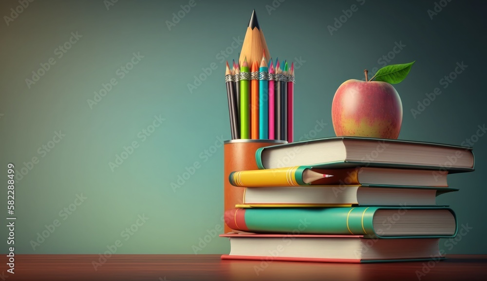 Back to school background, School Books And Pencils background, Teacher's day desk with writing materials, Back to school background, School Books And Pencils background, Teacher's day desk with writing materials,