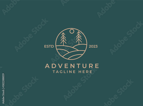 Simple Illustration Outline Style of Natural Creation Life Concept Symbol Logo Badge. Sea, Pine, Sun and Journey.