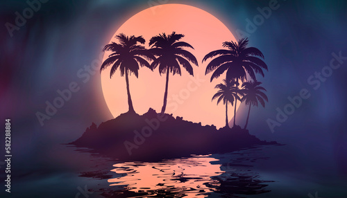 Futuristic neon landscape with palm trees at sunset.