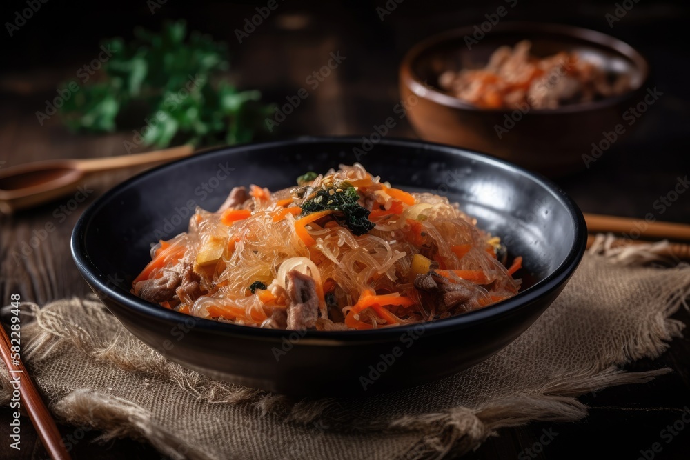 glass noodles with meat and vegetables. Korean dish from the top. Pork stir fried. Copy space on a rustic, rusty background. Generative AI glass noodles with meat and vegetables. Korean dish from the top. Pork stir fried. Copy space on a rustic, rusty background. Generative AI