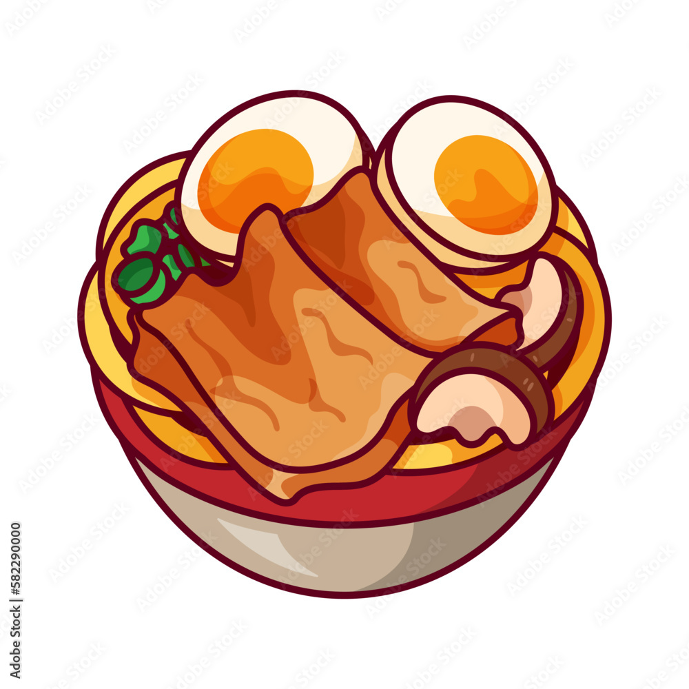 Japanese noodles ramen with chashu pork, egg, and mushroom isolated illustration vector. Shoyu ramen noodle soup icon design. Chashu pork ramen cartoon vector