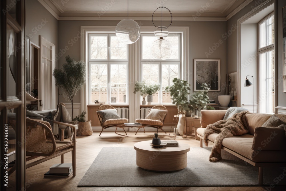 Fototapeta premium Scandinavian living room interior. Generative AI
