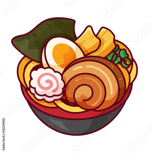 Japanese noodles ramen with chashu pork, egg, naruto fish cake, bamboo and seaweed isolated illustration vector. Shoyu ramen noodle soup icon design. Chashu pork ramen cartoon vector