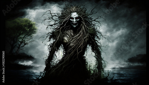 fictional scary irish banshee standig in a lake
